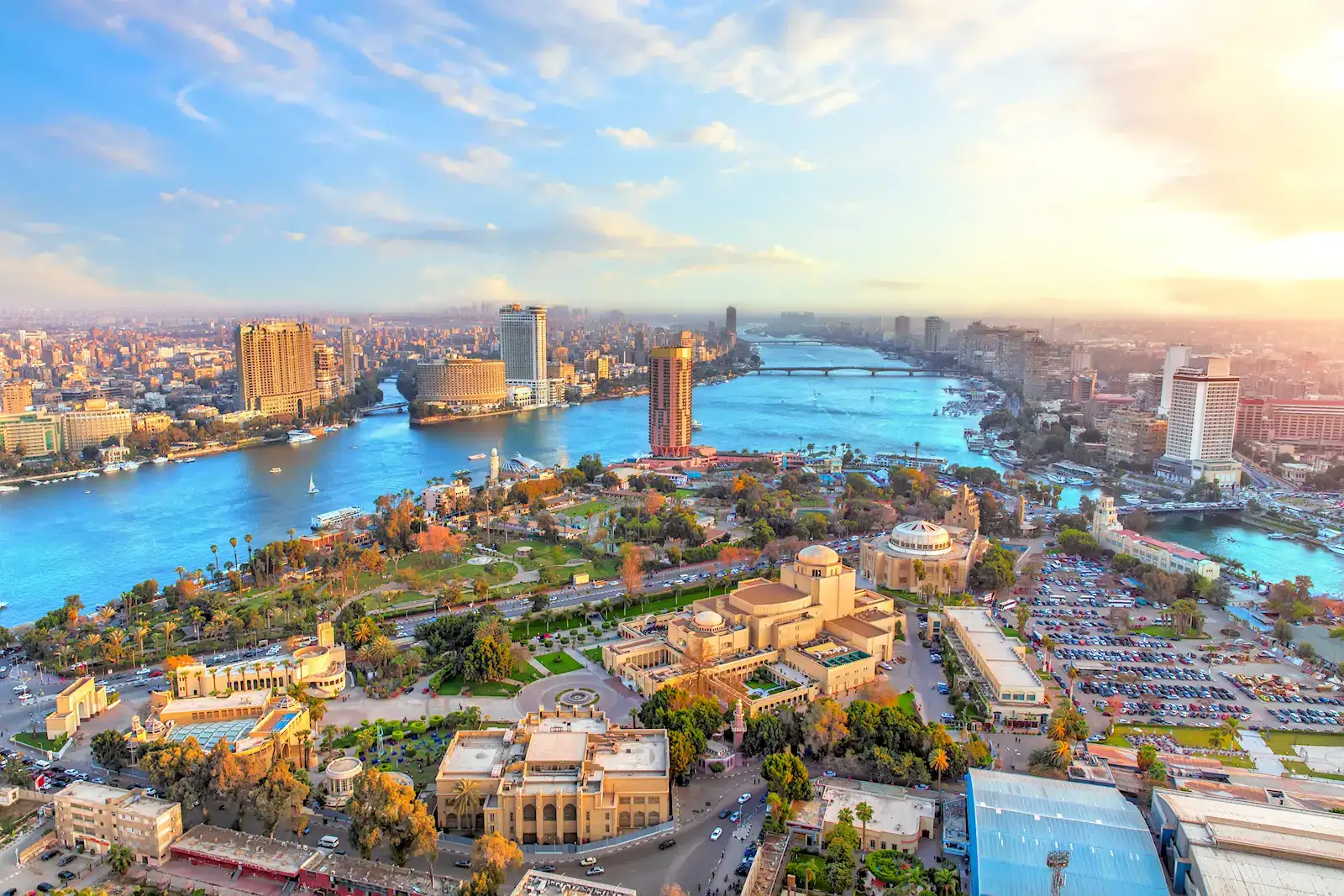 Aerial view of central Cairo and the Nile at golden hour, Egypt