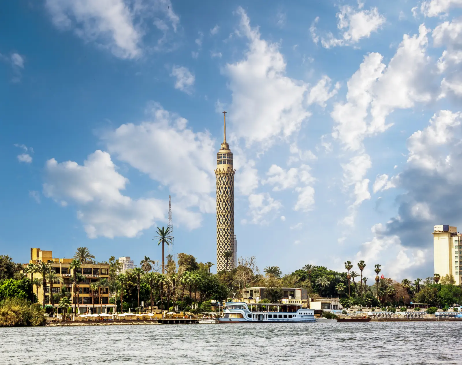 The Cairo Tower rising above the Nile and Cairo's skyline, Egypt